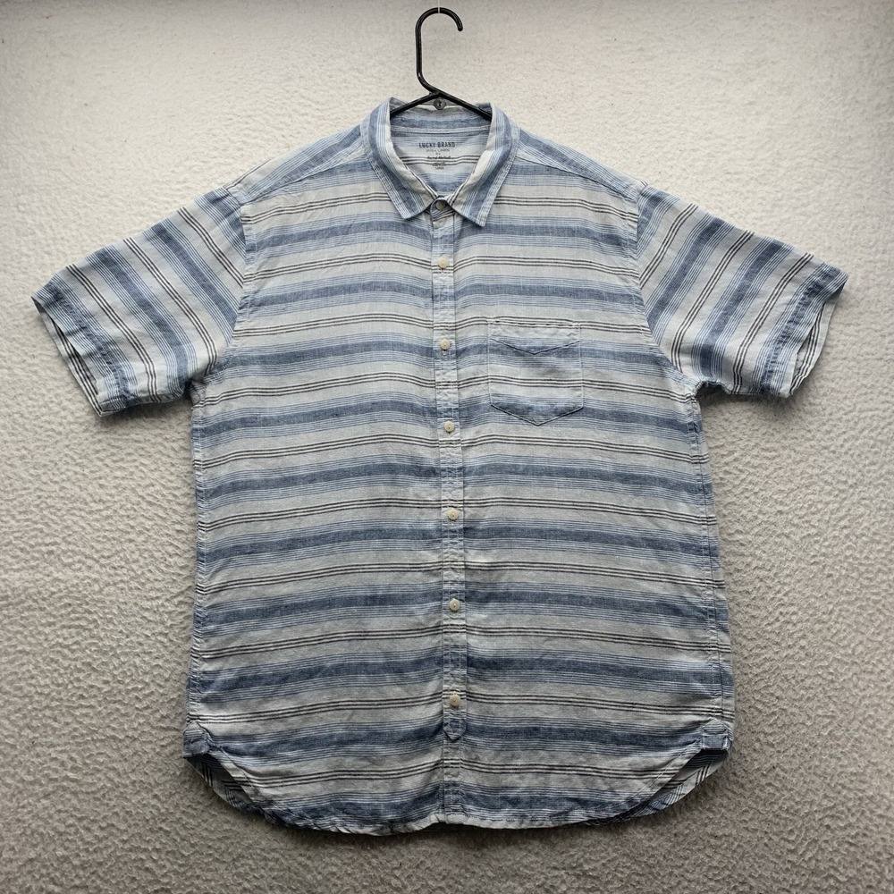 Lucky Brand Irish Linen Button Up Shirt Mens Large L Blue Striped Baird McNutt